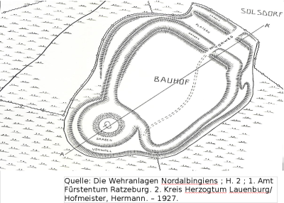 Die Burganlage derer von Plön (&quotBauhof&quot siehe Meßtischblatt unten)